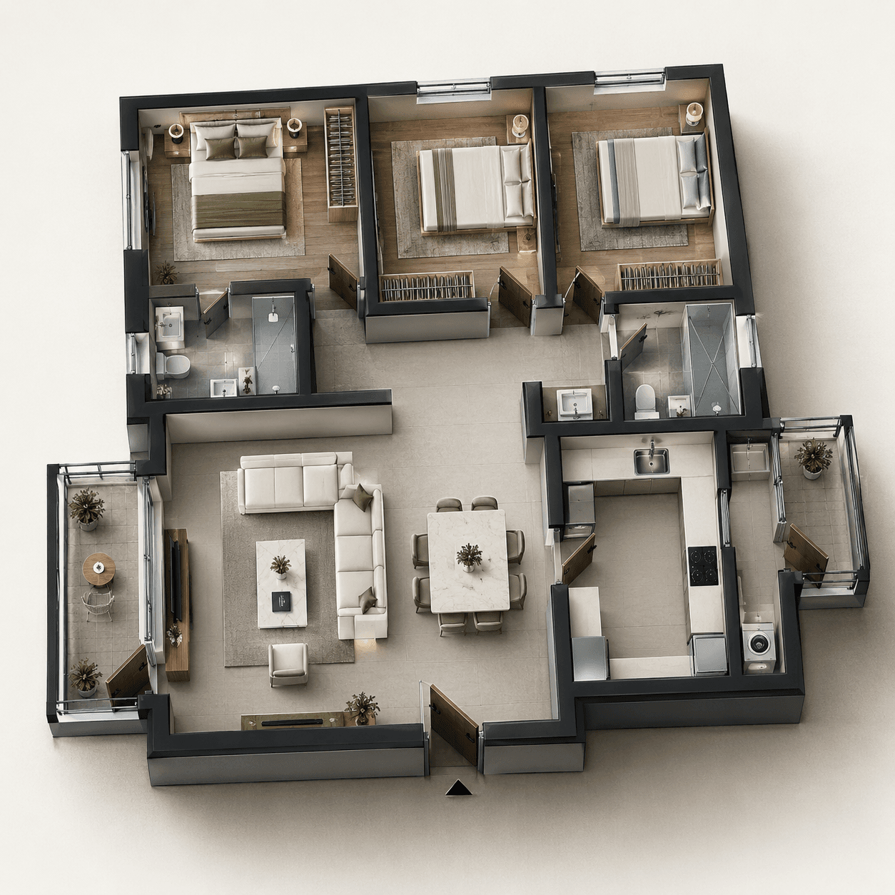 Generated 3D view of the same 3 BHK floor plan, furnished with bedrooms, living, dining, kitchen and balconies