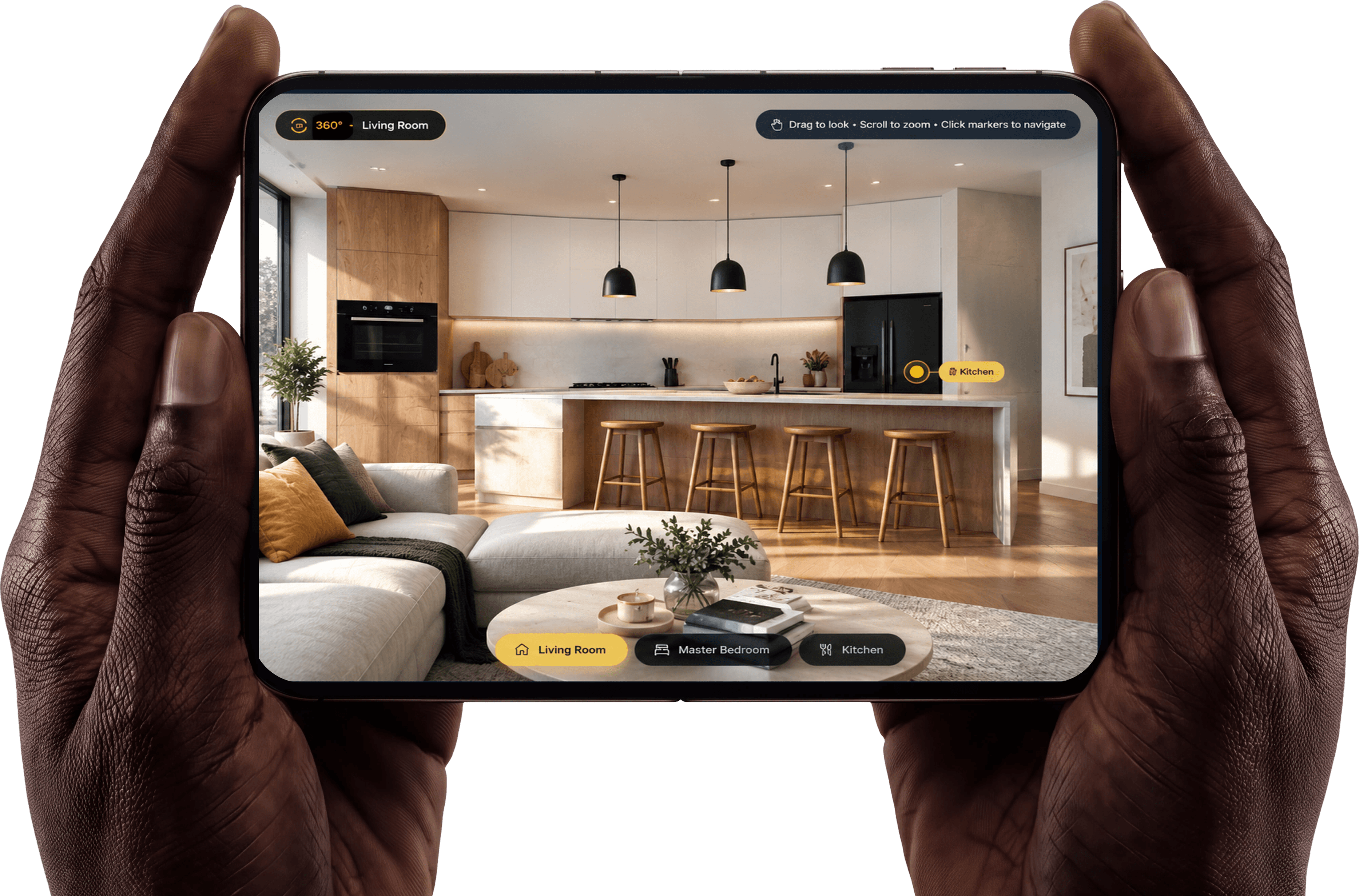 Original Customer 360 and Digital Portal visual showing a tablet with a virtual property tour