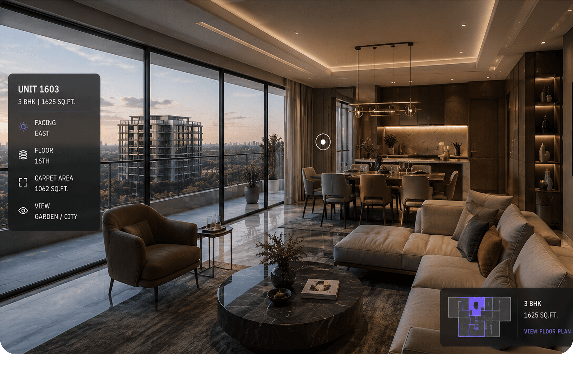 Existing 3D property walkthrough of an east-facing 3 BHK unit on floor 16