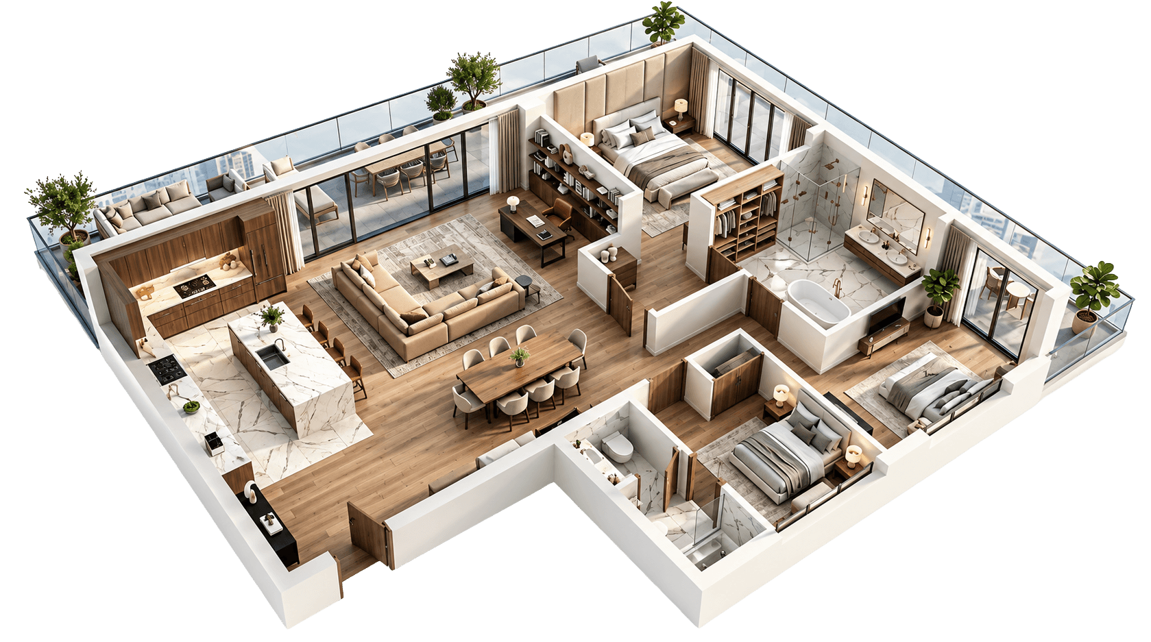 Isometric 3D cutaway of a furnished three-bedroom apartment