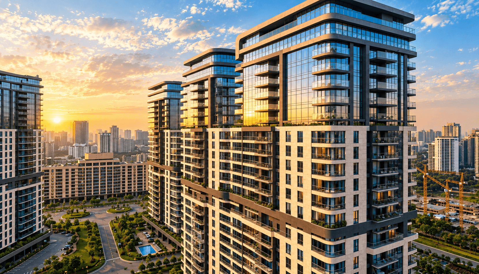 Isometric model of a real estate development portfolio with blue financial data connections