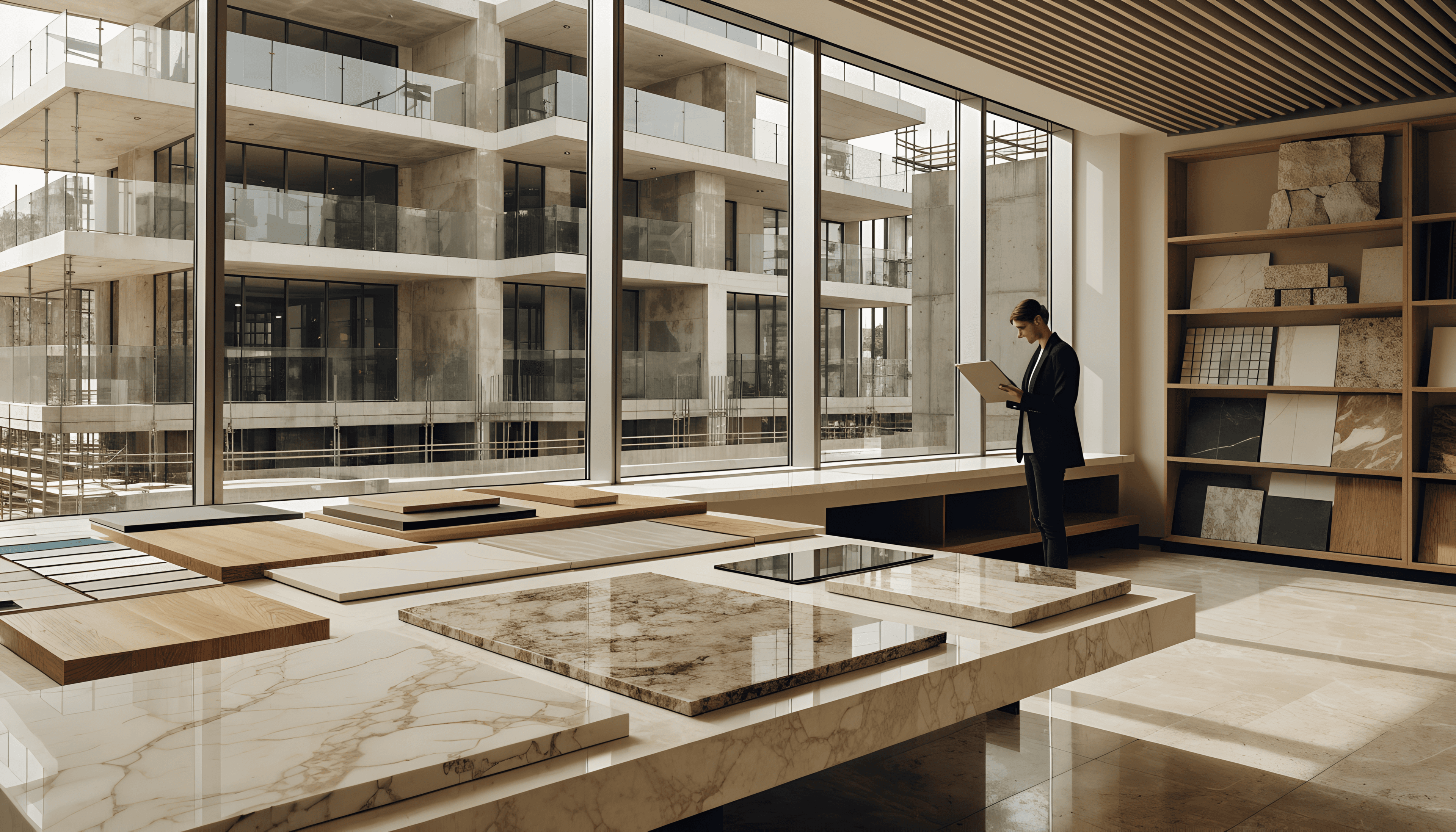 Luxury apartment interior with marble flooring, wood panelling and material finish samples