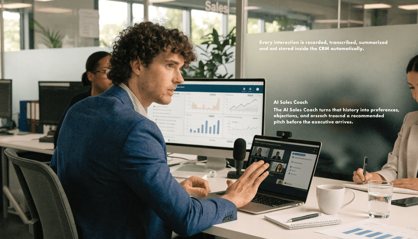 Existing Sales Coach visual of an executive reviewing customer context before a meeting