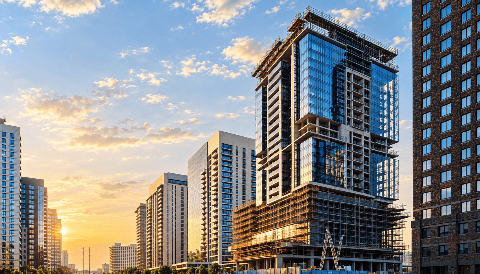 A tower under construction beside completed glass buildings, connected to project operations